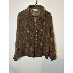 Vtg 90s Impressions of California Paisley Blouse Women's L Olive Red Button Up